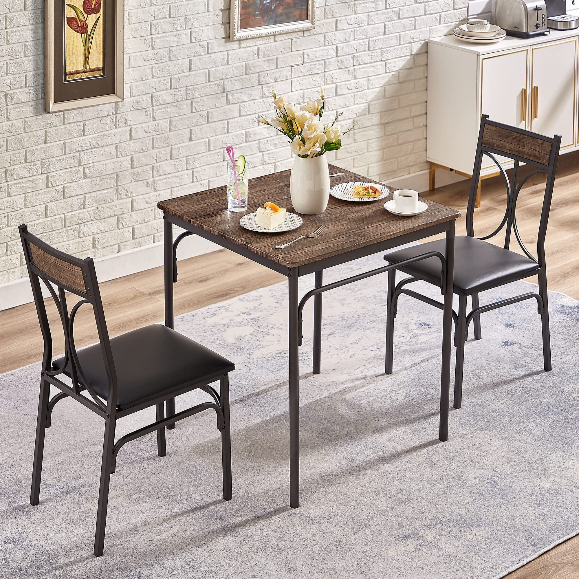 VECELO Kitchen Dining Room Table Set with 2 Chairs for Small Space, Apartment,Metal Steel Frame