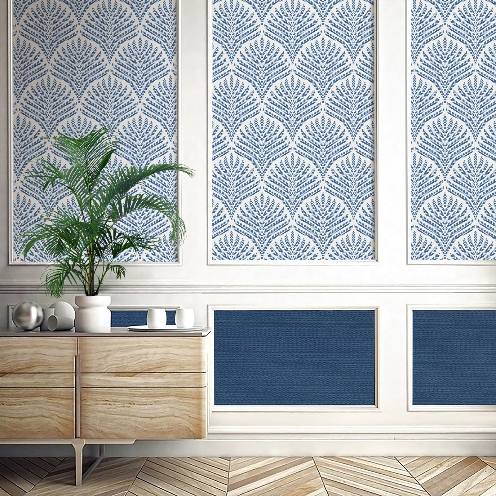 Cohoo Home Blue White Wallpaper Peel and Stick Wallpaper Boho Contact Paper for Cabinet Modern Wallpaper Self-Adhesive Wallpaper Leaf Leaves Geometric Wallpaper Bathroom Bedroom Waterproof 17.3“×393”