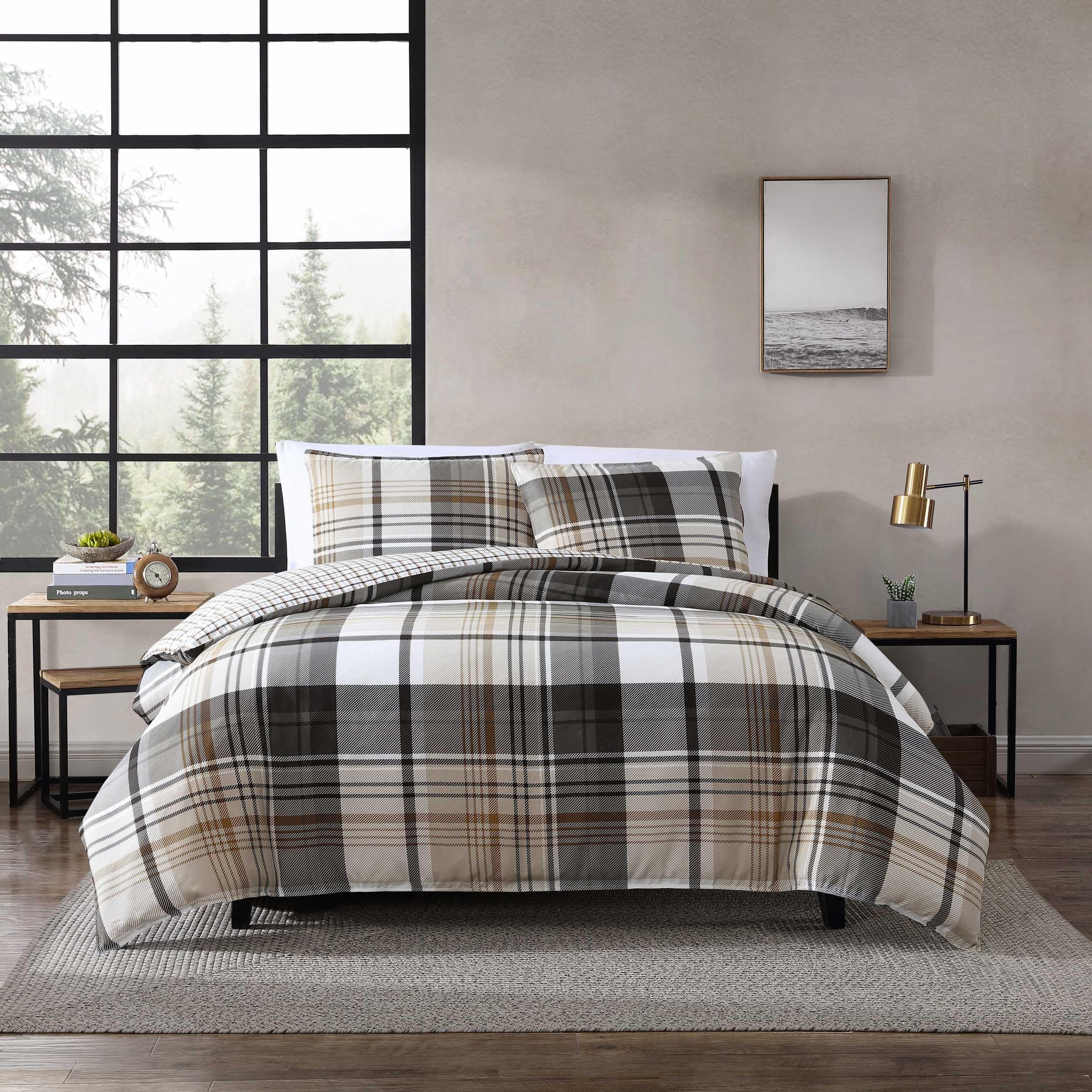 Eddie Bauer - King Duvet Cover Set, Reversible Microsuede Bedding Set with Matching Shams, Casual Home Decor (Normandy Plaid Black, King)