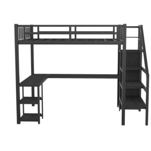 Full Size Loft Bed with Desk and Stairs Metal Full Loft Bed with Storage Wardrobe and Charging Station Adult Loft Bed with LED Lights and Adjustable Shelf for Kids Teens, Black