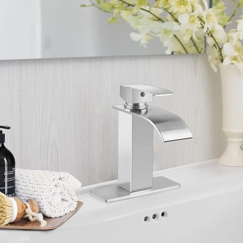 Onader Bathroom Sink Faucet Brushed Nickel Waterfall Bathroom Faucet for 1 or 3 Hole Single Handle Vessel Vanity Sink Faucet with Pop Up Drain and Water Hoses