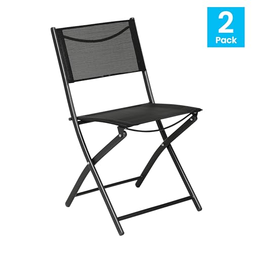 Flash Furniture Brazos Commercial Indoor-Outdoor Folding Chairs, Flex Comfort Backs/Seats, Metal Frames, Portable Lightweight Foldable Design, Set of 2, Black/Black