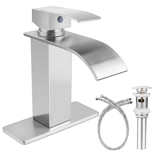 Onader Bathroom Sink Faucet Brushed Nickel Waterfall Bathroom Faucet for 1 or 3 Hole Single Handle Vessel Vanity Sink Faucet with Pop Up Drain and Water Hoses