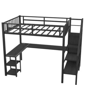 Full Size Loft Bed with Desk and Stairs Metal Full Loft Bed with Storage Wardrobe and Charging Station Adult Loft Bed with LED Lights and Adjustable Shelf for Kids Teens, Black