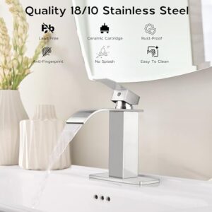 Onader Bathroom Sink Faucet Brushed Nickel Waterfall Bathroom Faucet for 1 or 3 Hole Single Handle Vessel Vanity Sink Faucet with Pop Up Drain and Water Hoses