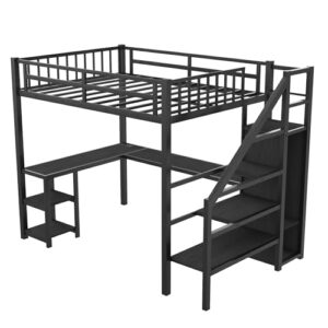 Full Size Loft Bed with Desk and Stairs Metal Full Loft Bed with Storage Wardrobe and Charging Station Adult Loft Bed with LED Lights and Adjustable Shelf for Kids Teens, Black