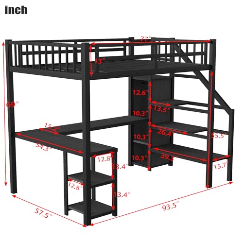 Full Size Loft Bed with Desk and Stairs Metal Full Loft Bed with Storage Wardrobe and Charging Station Adult Loft Bed with LED Lights and Adjustable Shelf for Kids Teens, Black