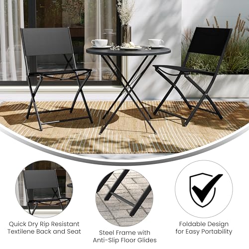 Flash Furniture Brazos Commercial Indoor-Outdoor Folding Chairs, Flex Comfort Backs/Seats, Metal Frames, Portable Lightweight Foldable Design, Set of 2, Black/Black