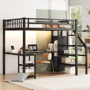 Full Size Loft Bed with Desk and Stairs Metal Full Loft Bed with Storage Wardrobe and Charging Station Adult Loft Bed with LED Lights and Adjustable Shelf for Kids Teens, Black