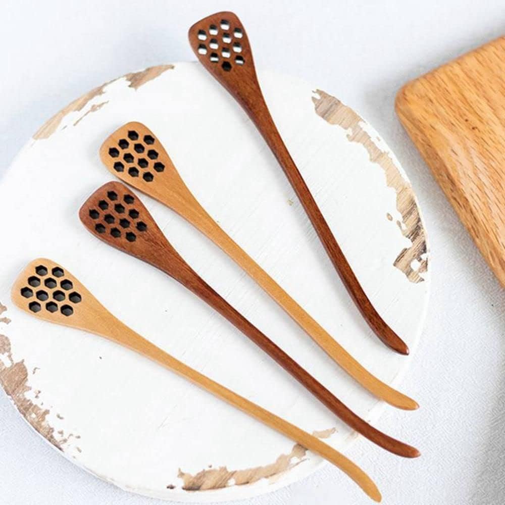 YSSZAM Brown Honey Dippers, Handmade Spoon Stirrer, Long Handle Honey Dipper Mixing Stick, Wooden Honey Dipper, Handmade Honey Drizzler for Kitchen and Dining