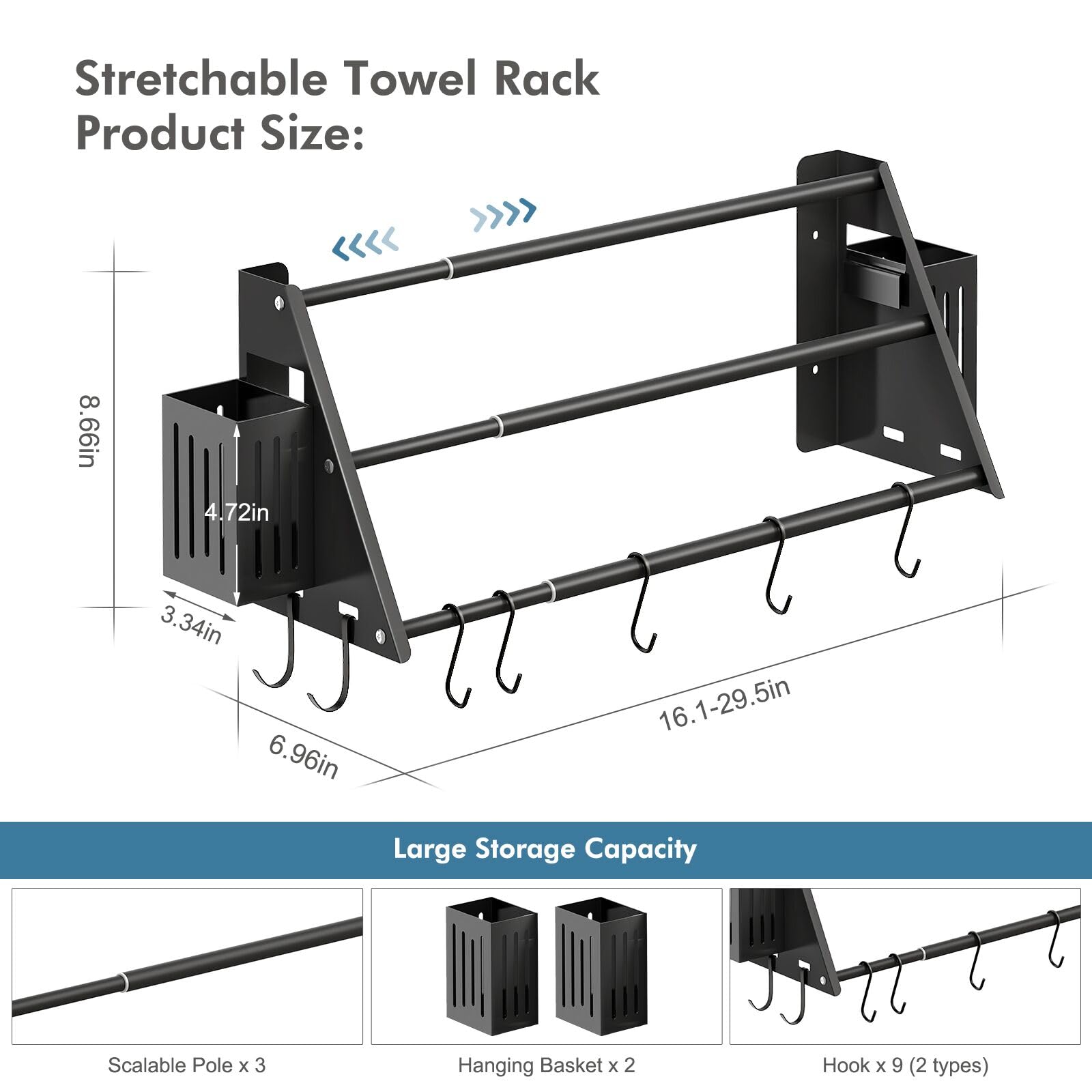 Towel Bar for Bathroom Wall,Stretchable 16.1-29.5 inchs Towel Rack,Metal Towel Holder with 2 Storage Basket and 9 Hooks, Black Towel Hanger for Bathroom Kitchen Camper