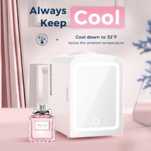 Antarctic Star Makeup Compact Refrigerator with LED Mirror, 4L Mini Fridge, Skin Care, for Bedroom, Car, Office & Dorm, Portable Small Cooler for Cosmetics, White