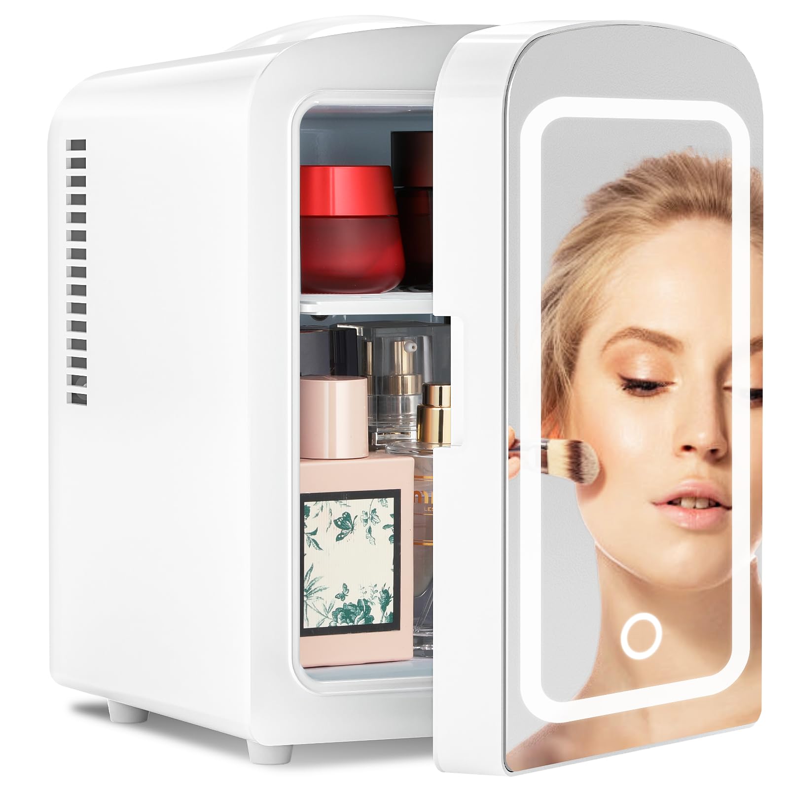 Antarctic Star Makeup Compact Refrigerator with LED Mirror, 4L Mini Fridge, Skin Care, for Bedroom, Car, Office & Dorm, Portable Small Cooler for Cosmetics, White