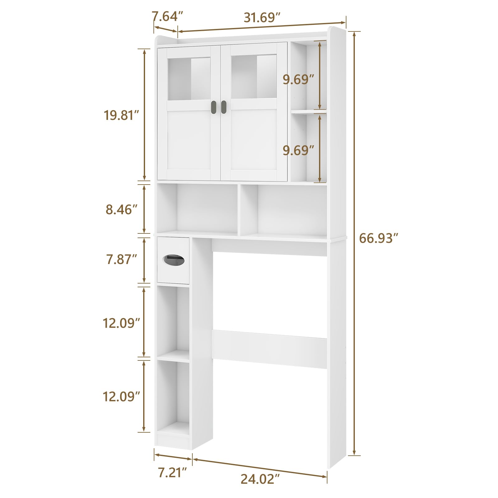 Vabches Over The Toilet Storage Cabinet, Bathroom Shelf Over Toilet with Glass Doors and Adjustable Shelves, White Freestanding Home Space Save Toilet Rack, for Restroom, Bathroom, Laundry