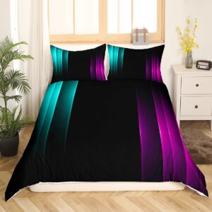 Feelyou Purple Teal and Black Geometric Ombre Duvet Cover Full Size Boys Girls Abstract Striped Bedding Set for Kids Women Men Ultra Soft Lightning Flash Comforter Cover Set Bedspread Cover Room Decor