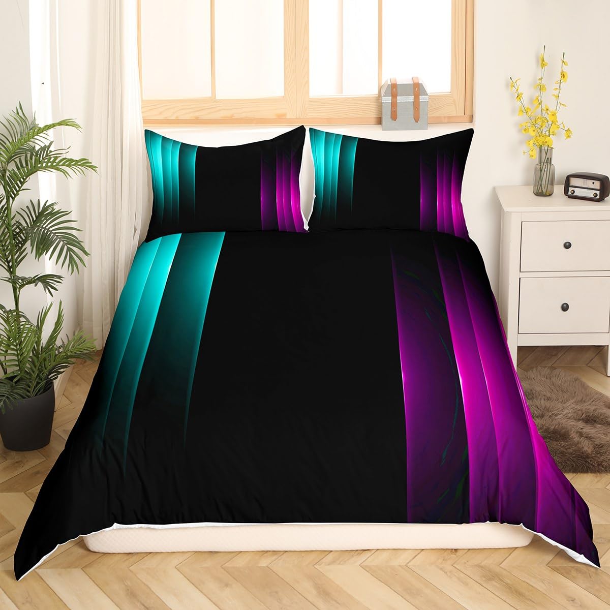 Feelyou Purple Teal and Black Geometric Ombre Duvet Cover Full Size Boys Girls Abstract Striped Bedding Set for Kids Women Men Ultra Soft Lightning Flash Comforter Cover Set Bedspread Cover Room Decor