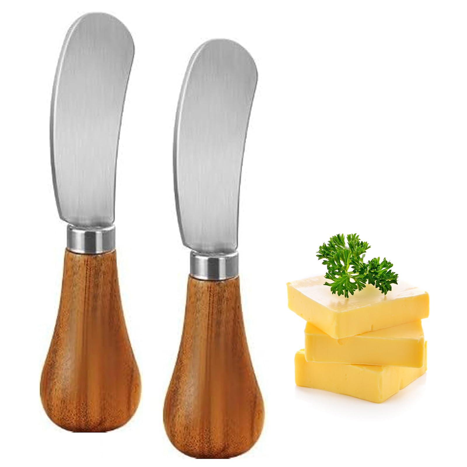 Houkiper Butter Spreader Knife, 2 Pack Stainless Steel Cheese Spreader with Wooden Handle 12.5cm Small Butter Knife for Kitchen, Butter Knife Spreader for Vegetables Fruits Cheese Picnic