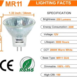 Vinaco MR11 GU4 Halogen Bulb, 6 Pack Long Lasting MR11 12V 20W，MR11 GZ4 Dimmable with 2800K Warm White, MR11 Bulb with GU4 Base, MR11 Halogen Bulb for Landscape, Accent, Track Lights & Fiber Optics