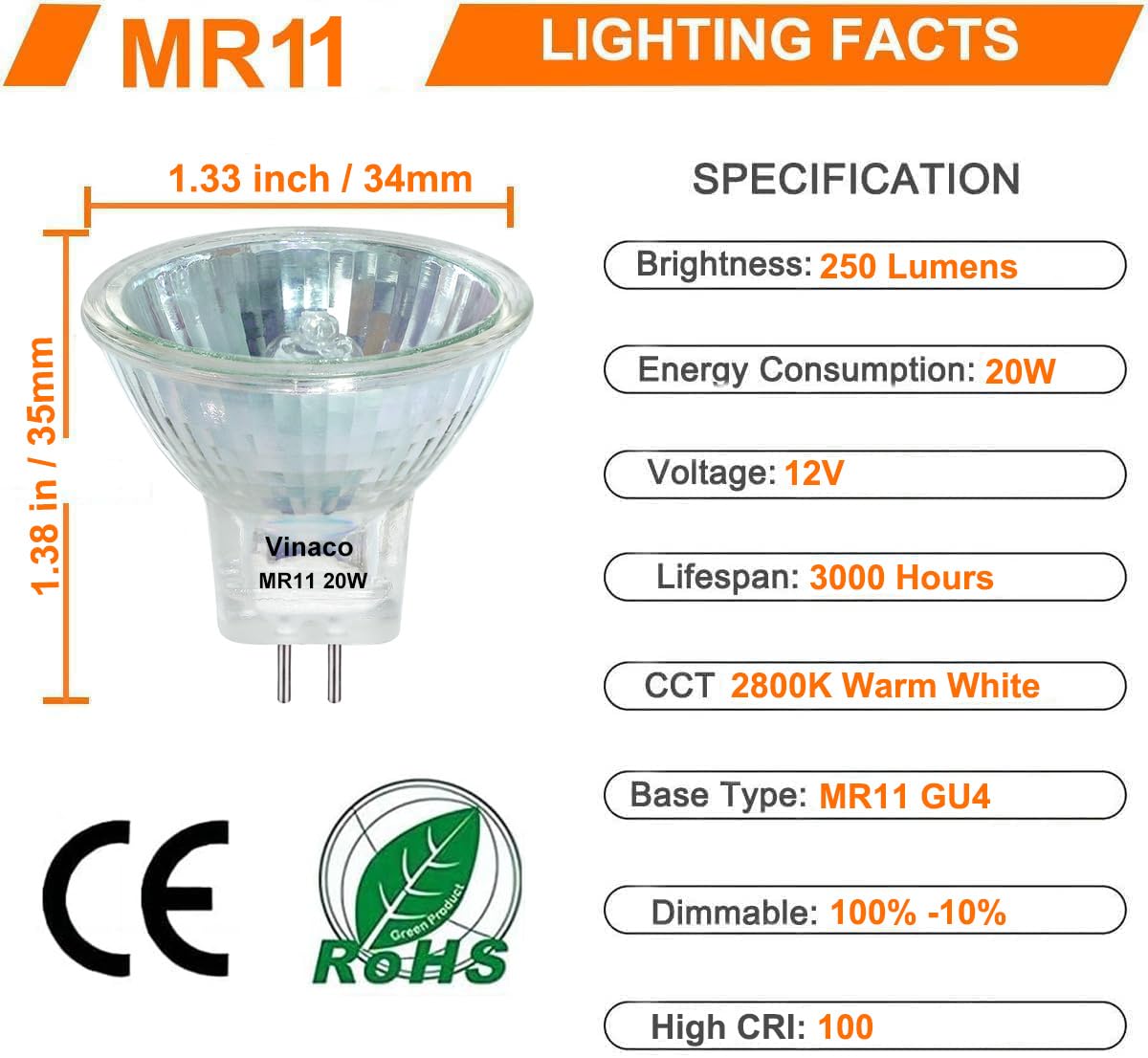 Vinaco MR11 GU4 Halogen Bulb, 6 Pack Long Lasting MR11 12V 20W，MR11 GZ4 Dimmable with 2800K Warm White, MR11 Bulb with GU4 Base, MR11 Halogen Bulb for Landscape, Accent, Track Lights & Fiber Optics