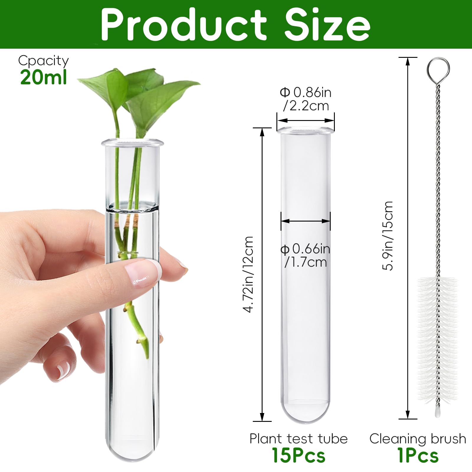 Worldity 15 Pcs Clear Test Tubes for Plant, 20 ml Plant Propagation Tube with Brush, Plastic Test Tubes for Hydroponic Plants, Flowers, Home Office Wall Decor (12 cm)