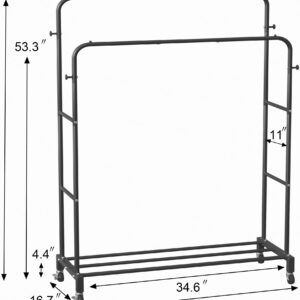 Sooyee Double Rod Clothing Rack with Wheels,3 Tier Garment Racks for Hanging Clothes,Portable Clothes Rack with 4 Hooks for Bedroom,Laundry Room,Black