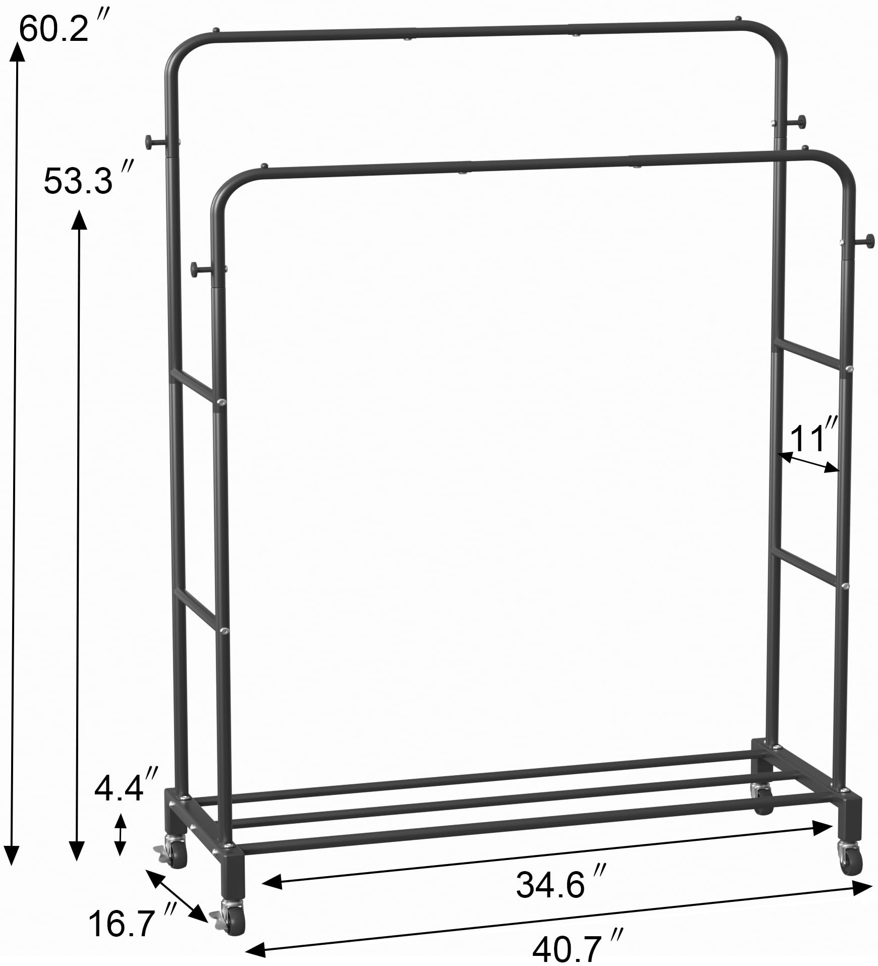 Sooyee Double Rod Clothing Rack with Wheels,3 Tier Garment Racks for Hanging Clothes,Portable Clothes Rack with 4 Hooks for Bedroom,Laundry Room,Black