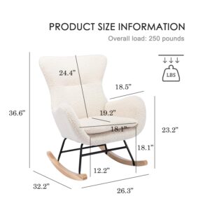 FENFSHE Nursery Rocking Chair with High Backrest and Armrests, Teddy Velvet Upholstered Baby Rocking Chair for Baby Nursery,Living Room,Bedroom (Beige)