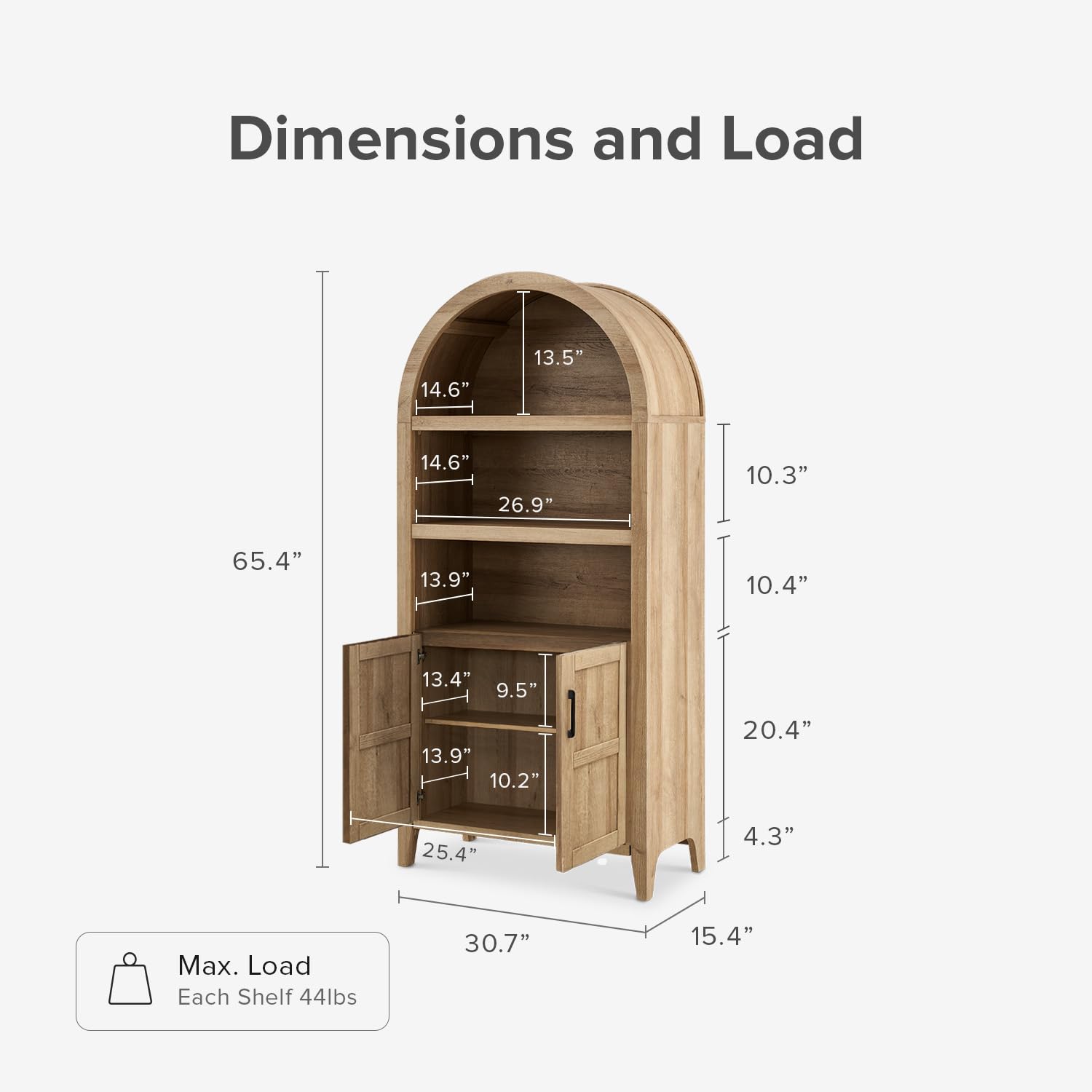 mopio Lauren 65.4" Short Arched Cabinet, 5-Tier Arched Bookcase with Doors and Shelves, Mini Arched Bookshelf with Storage, Kitchen Pantry Cabinet, Wooden Storage Cabinet for Living Room (Oak)