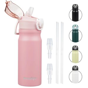 konokyo insulated water bottle with straw and carry loop,18 oz stainless steel double wall vaccum metal water flask with leak-proof lid,pink