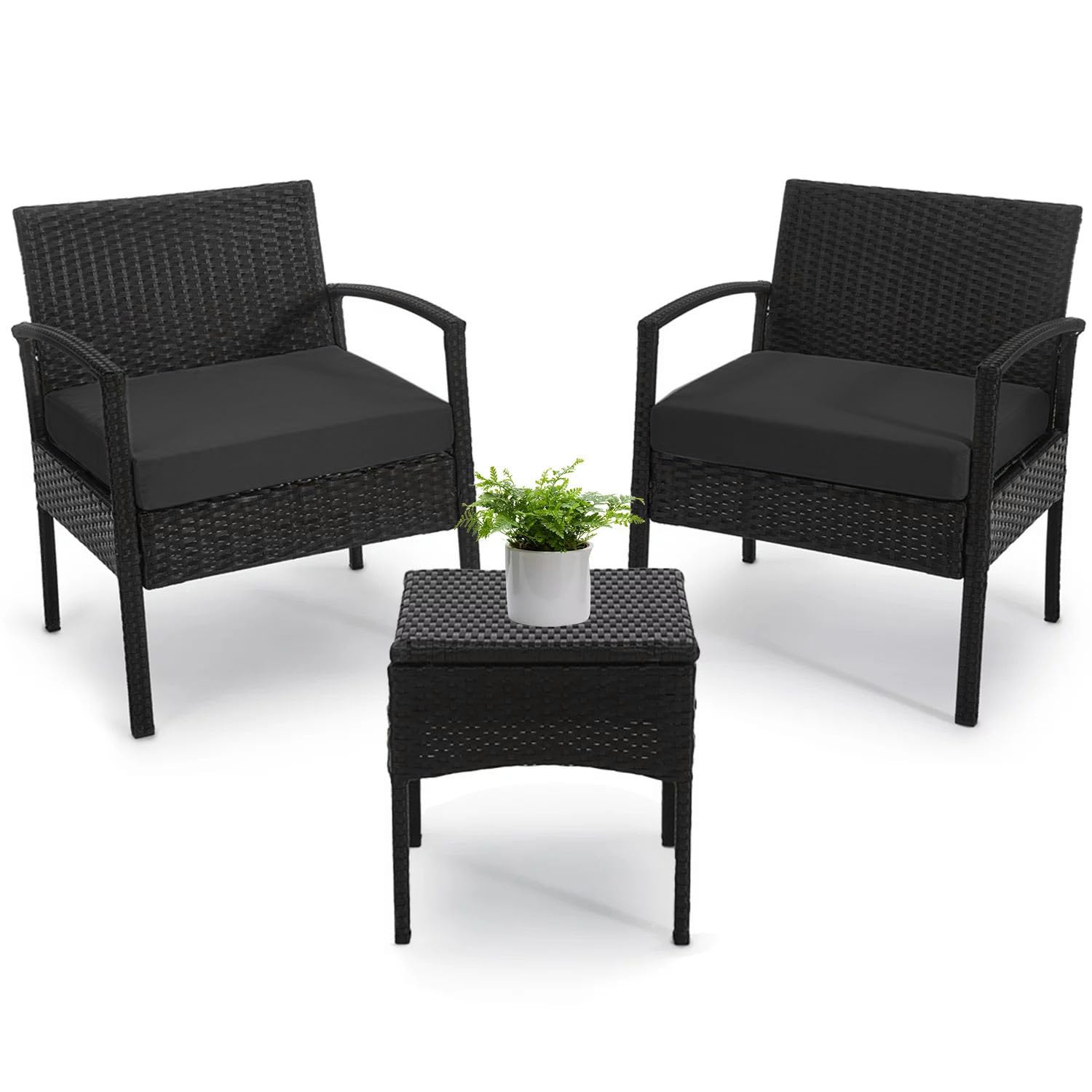 PROHIKER 3 PCS Patio Rattan Conversation Chairs Set, Outdoor Patio Furniture Balcony Furniture Set, Wicker Patio Set for Garden Porch Balcony Yard, Black