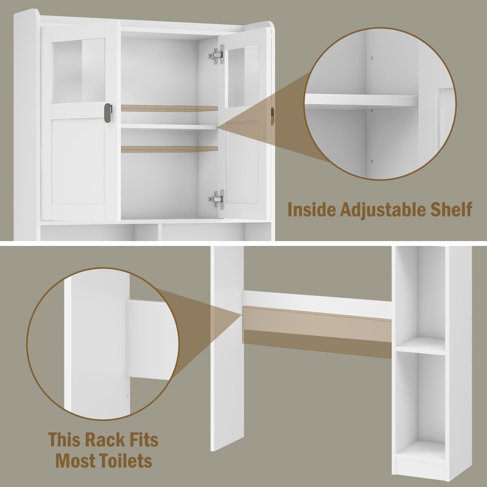 Vabches Over The Toilet Storage Cabinet, Bathroom Shelf Over Toilet with Glass Doors and Adjustable Shelves, White Freestanding Home Space Save Toilet Rack, for Restroom, Bathroom, Laundry