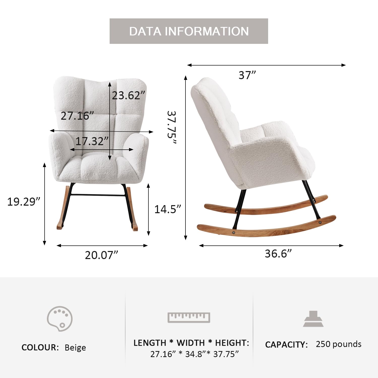 Ugijei Rocking Chair Nursery, Teddy Glider Rocker with High Backrest, Modern Rocking Accent Chairs for Nursery, Living Room, Bedroom (Ivory)