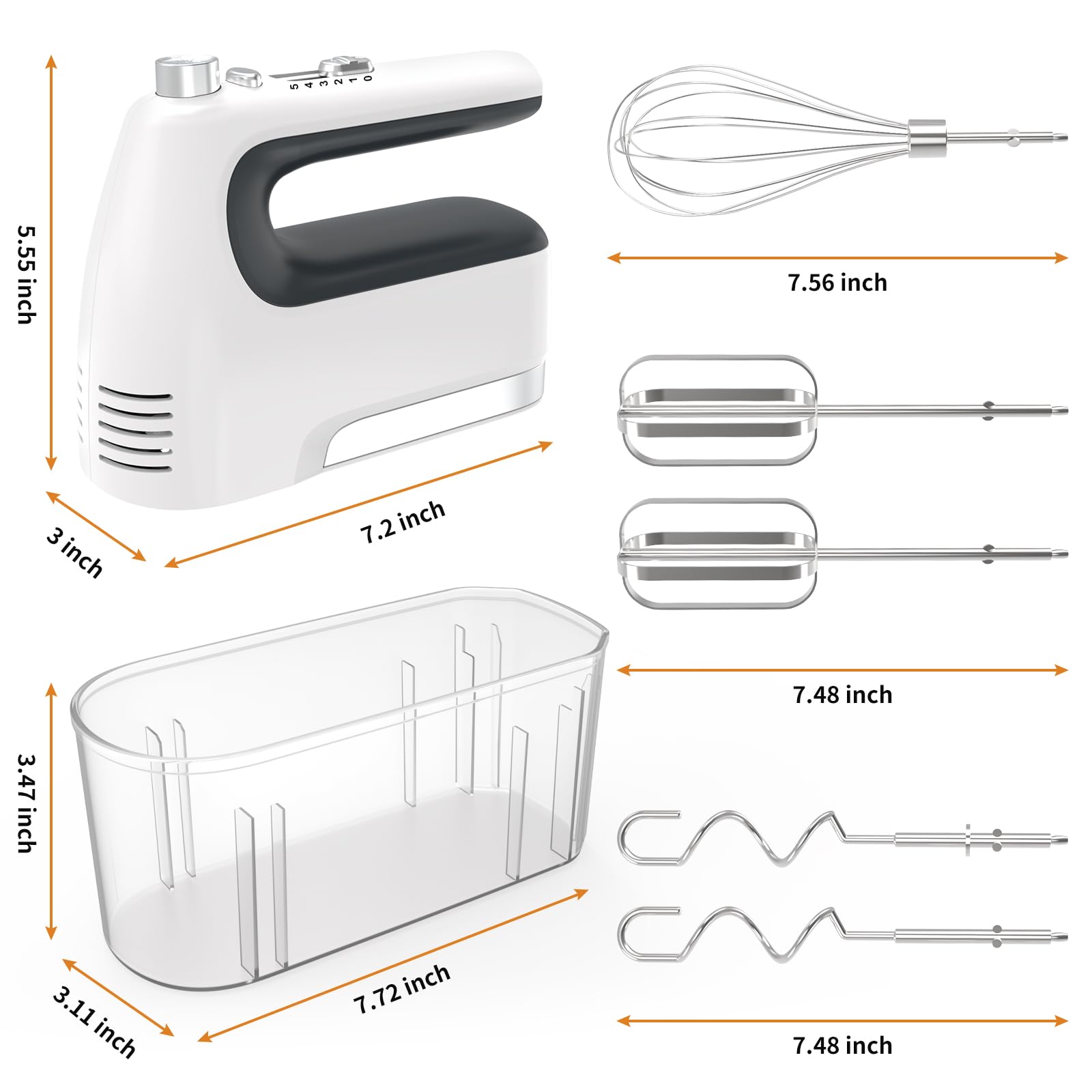 CBQ Hand Mixer Electric, 5-Speed 400W Powerful Motor, Hand Mixer Electric Handheld with Storage Case, Turbo Boost and 5x Accessories, Flat Beaters, Dough Hooks, Whisk (White)