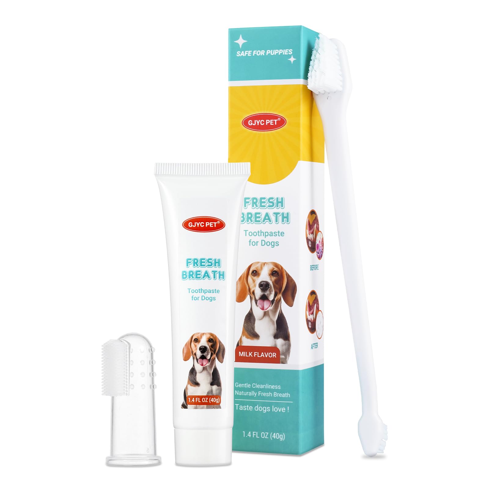 GJYC PET Dog Oral Care Kit - Contains Dog Toothpaste, Dual-Headed Toothbrush, Silicone Finger Brush - (1.4 fl. oz) Fresh Breath, Healthy Gums!