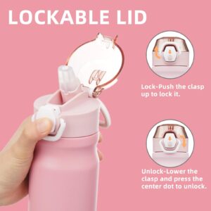 Konokyo Insulated Water Bottle with Straw and Carry Loop,18 oz Stainless Steel Double Wall Vaccum Metal Water Flask with Leak-proof Lid,Pink