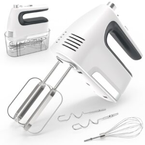 cbq hand mixer electric, 5-speed 400w powerful motor, hand mixer electric handheld with storage case, turbo boost and 5x accessories, flat beaters, dough hooks, whisk (white)