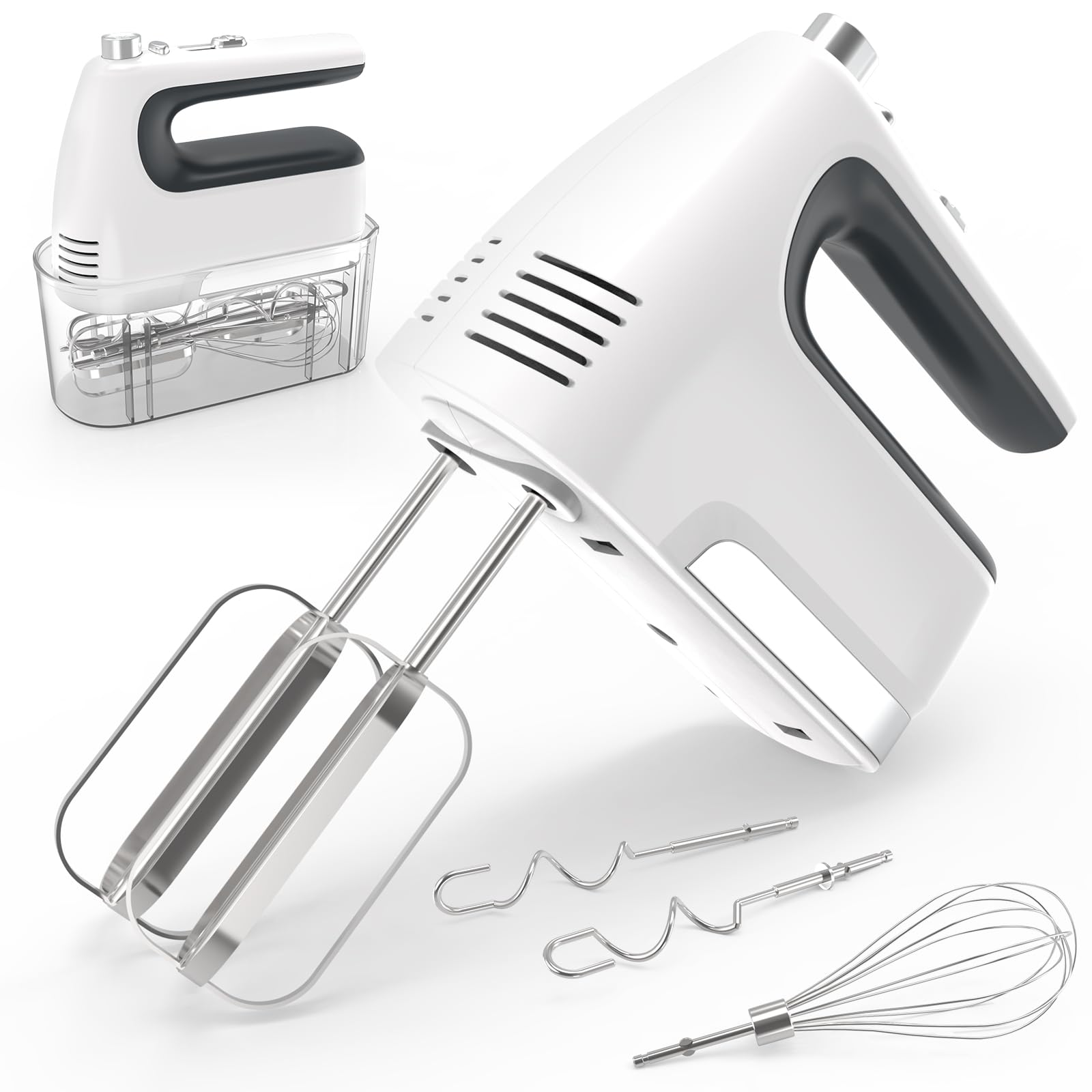 CBQ Hand Mixer Electric, 5-Speed 400W Powerful Motor, Hand Mixer Electric Handheld with Storage Case, Turbo Boost and 5x Accessories, Flat Beaters, Dough Hooks, Whisk (White)