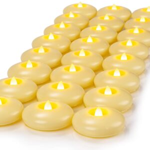 homemory 24 pack 3” flameless led floating candles, 200 hour battery operated flickering waterproof tealights for cylinder vases, centerpieces at wedding, party, pool, holiday (ivory base)