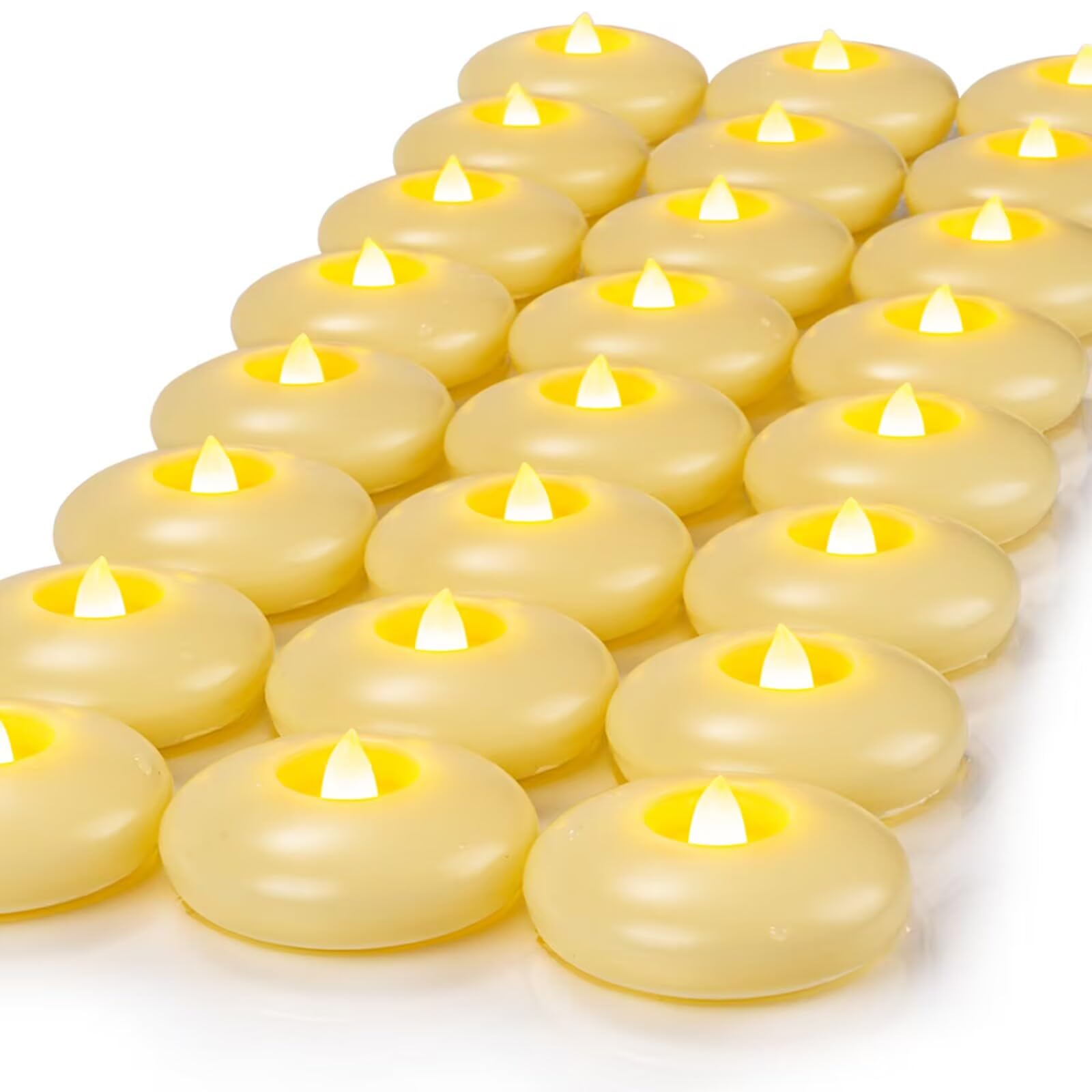 Homemory 24 Pack 3” Flameless Led Floating Candles, 200 Hour Battery Operated Flickering Waterproof Tealights for Cylinder Vases, Centerpieces at Wedding, Party, Pool, Holiday (Ivory Base)