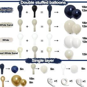 Navy Blue White Balloons Double Stuffed Balloons 18/12/10/5 inch Royal Blue Gold Pearl White Sand Dark Blue Cream Balloon Arch Garland Kit for Anniversary Wedding Graduation Birthday Party Decorations