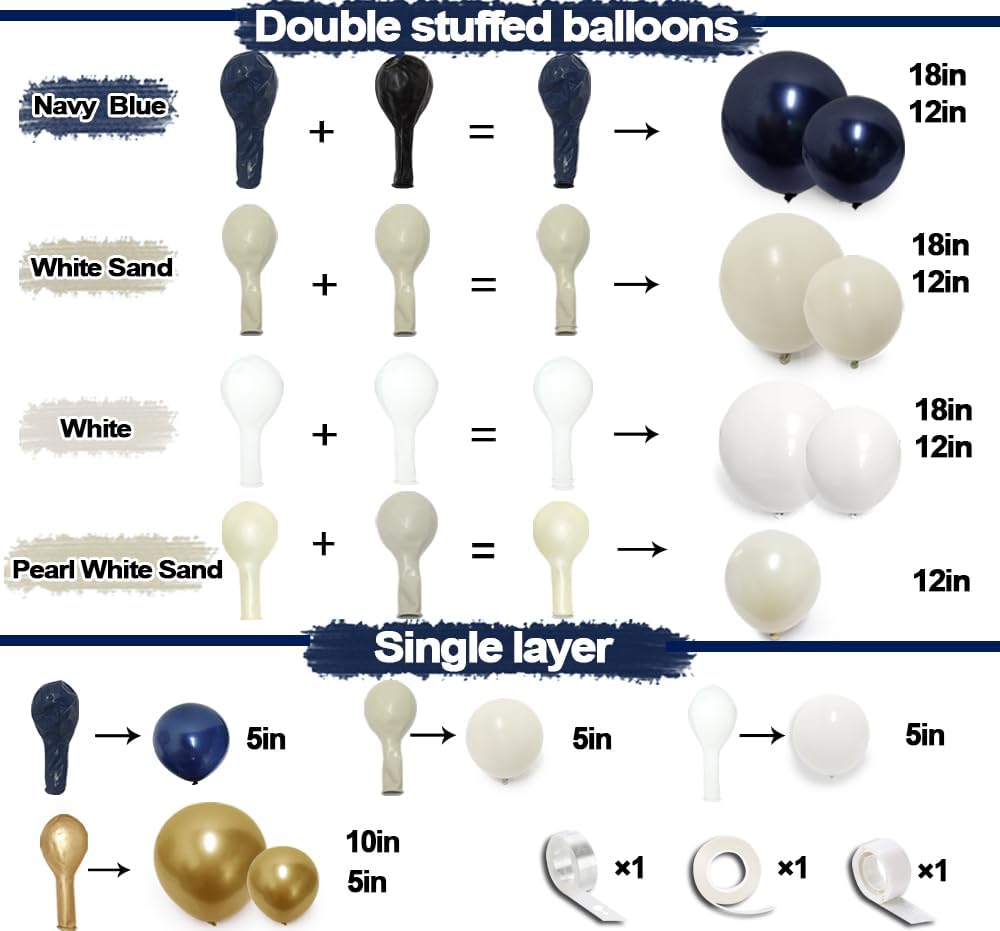 Navy Blue White Balloons Double Stuffed Balloons 18/12/10/5 inch Royal Blue Gold Pearl White Sand Dark Blue Cream Balloon Arch Garland Kit for Anniversary Wedding Graduation Birthday Party Decorations