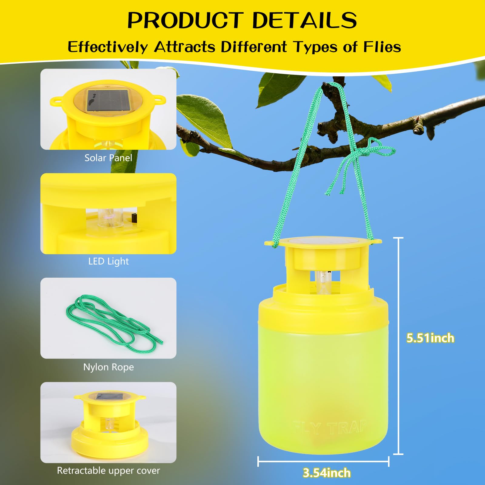 Outdoor Fly Trap, Fly Traps Outdoor Hanging Solar Powered Reusable Indoor Non-Toxic Flying Insects Killer for Indoor Outdoor Patio Garden Home