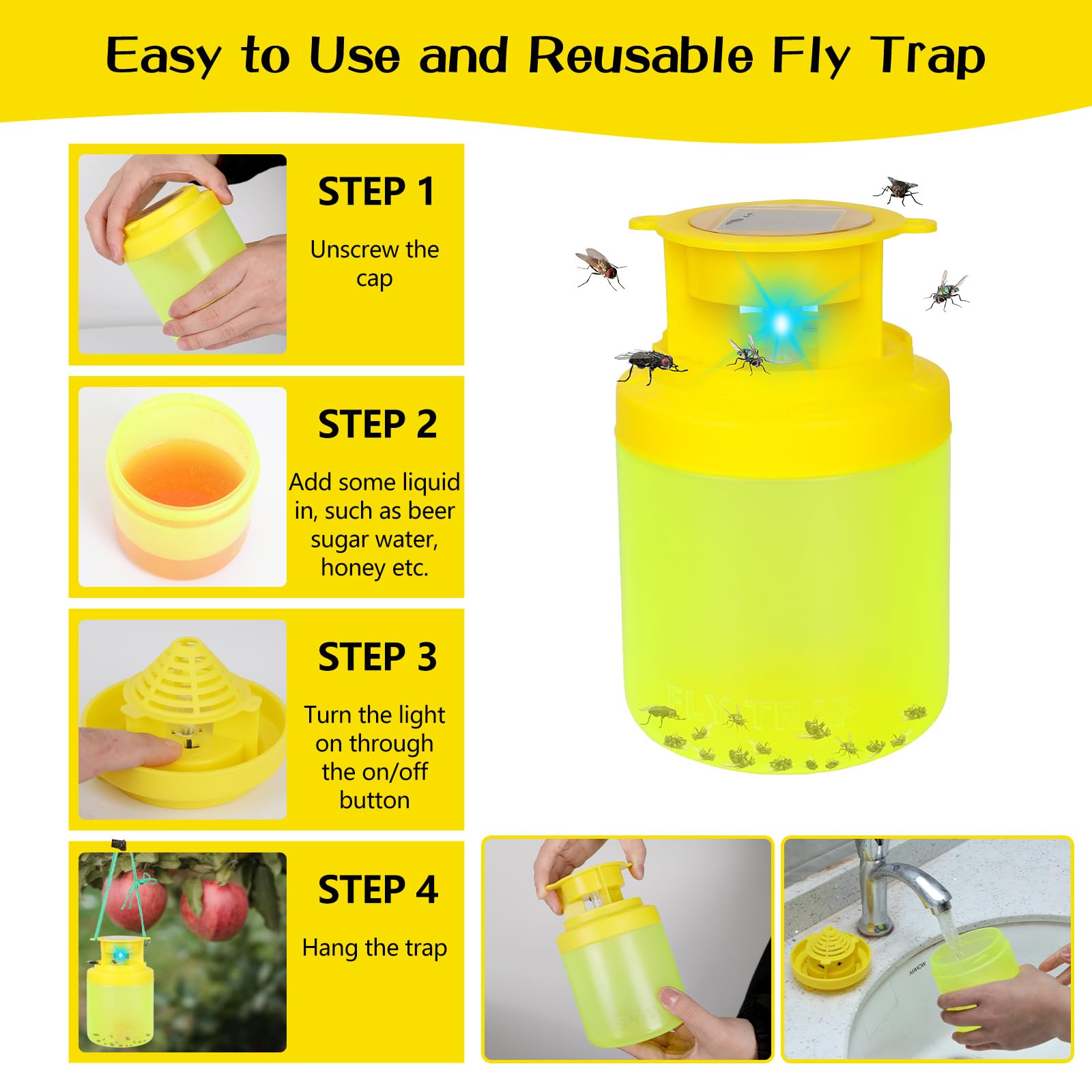 Outdoor Fly Trap, Fly Traps Outdoor Hanging Solar Powered Reusable Indoor Non-Toxic Flying Insects Killer for Indoor Outdoor Patio Garden Home