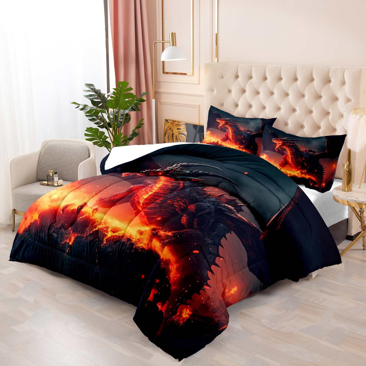 LUVIVIHOME 3PCS Fire Dragon Comforter Set Full Size, Kids Teens Boys Comforter, Black Red Dragon Bedding, Cool Fantasy Dragon Bedroom Decor, Dragon Gifts for Men, Soft Microfiber Quilt, 2 Pillow Shams