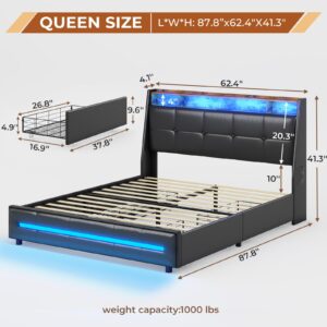 MSmask Queen Bed Frame with 4 Storage Drawers, Charging Station and LED Lights, Upholstered Bed Frame with Button Tufted Wingback Headboard, LED Bed Frame Queen Size, No Box Spring Needed, Black