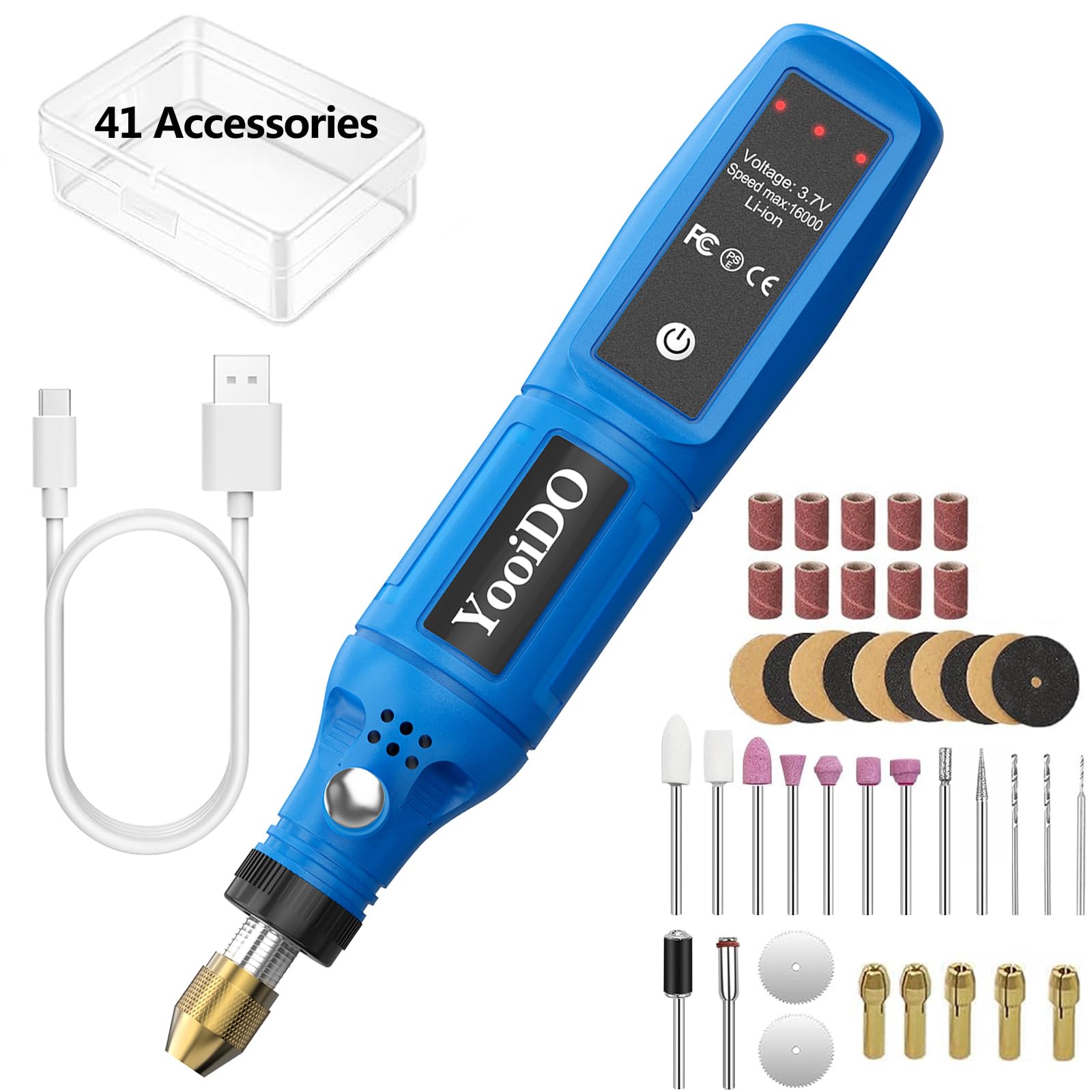 Mini Cordless Rotary, mini drill,3-Speed 3.7V rechargeable Kit with 41 Accessories, 16000rpm Multi-Purpose Power Tool for Sanding, Polishing, Grinding, Drilling, Engraving, DIY Crafts (Blue)