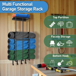 PUMHUBO Camping Chair Wall Storage for Garage - Metal Beach Lawn Chair Rack, Garage Storage and Organization Shelves, Wall Mounted Umbrella Storage Rack Holder with Floating Shelf and 4 Hooks Black