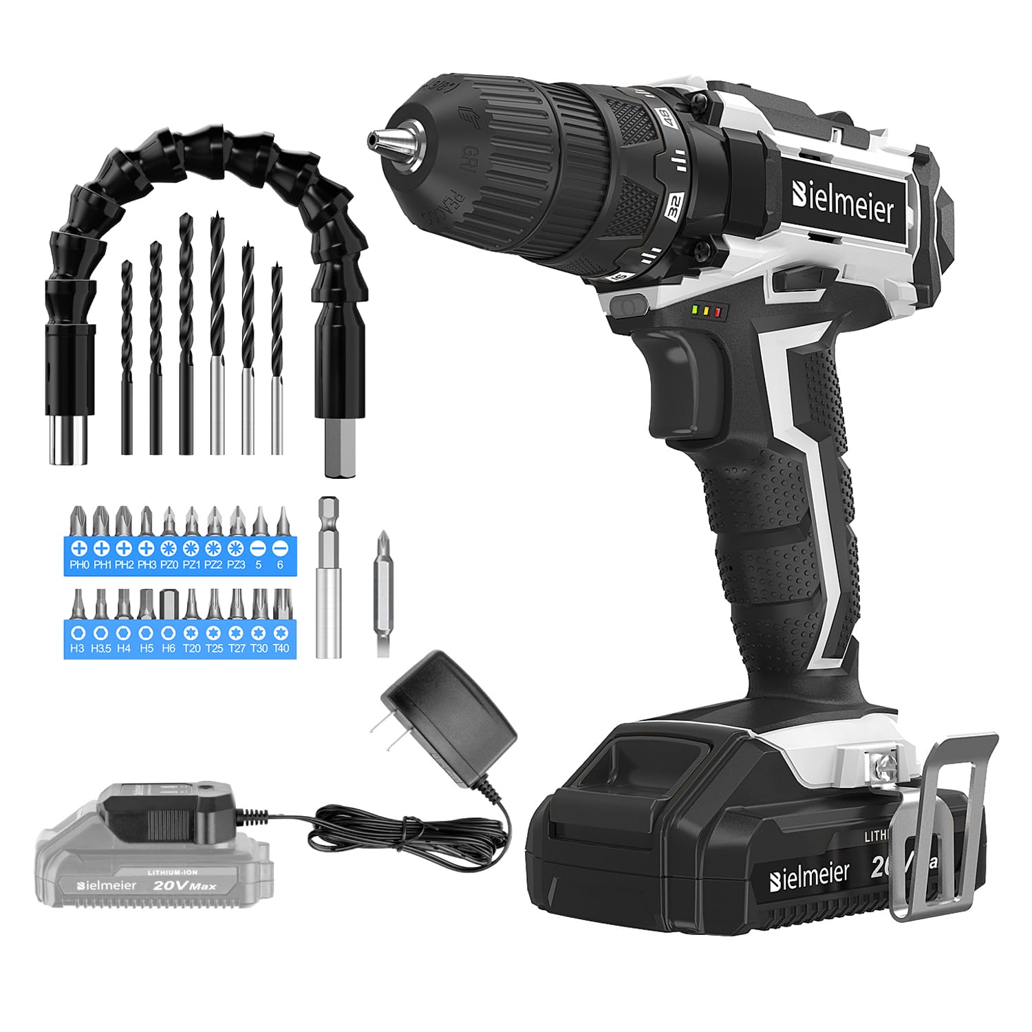 Bielmeier 20V MAX Cordless Electric Drill Set with LED Light - Electric Drill, Variable Speed, 64+1 Position, 3/8" Keyless Chuck, Flex Shaft, 28pcs Drill Bits, Battery & Charger Included