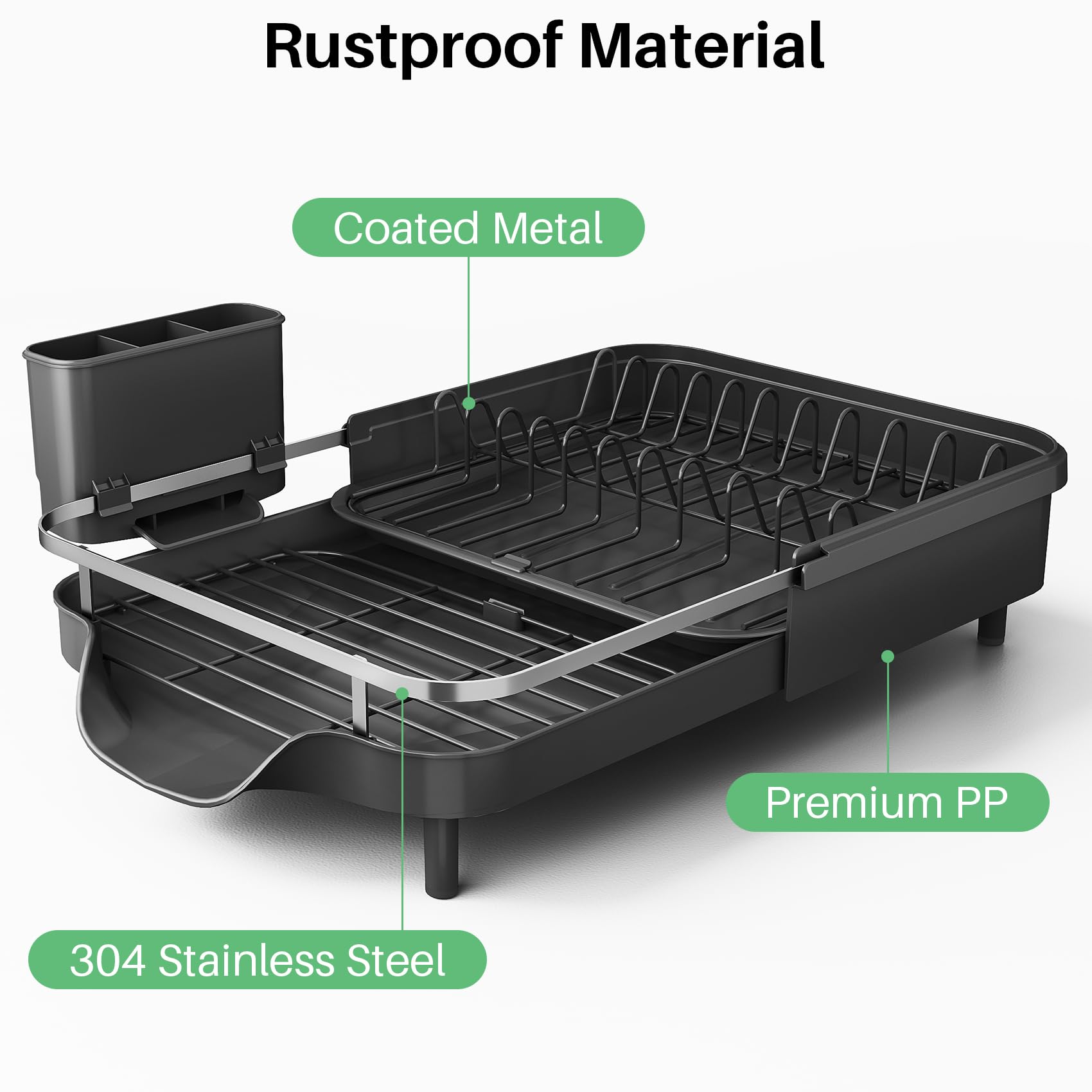 Dish Drying Rack, Expandable Dish Rack for Kitchen Counter, Stainless Steel Dish Drainer with Drainboard Set and Utensil Holder (Black)