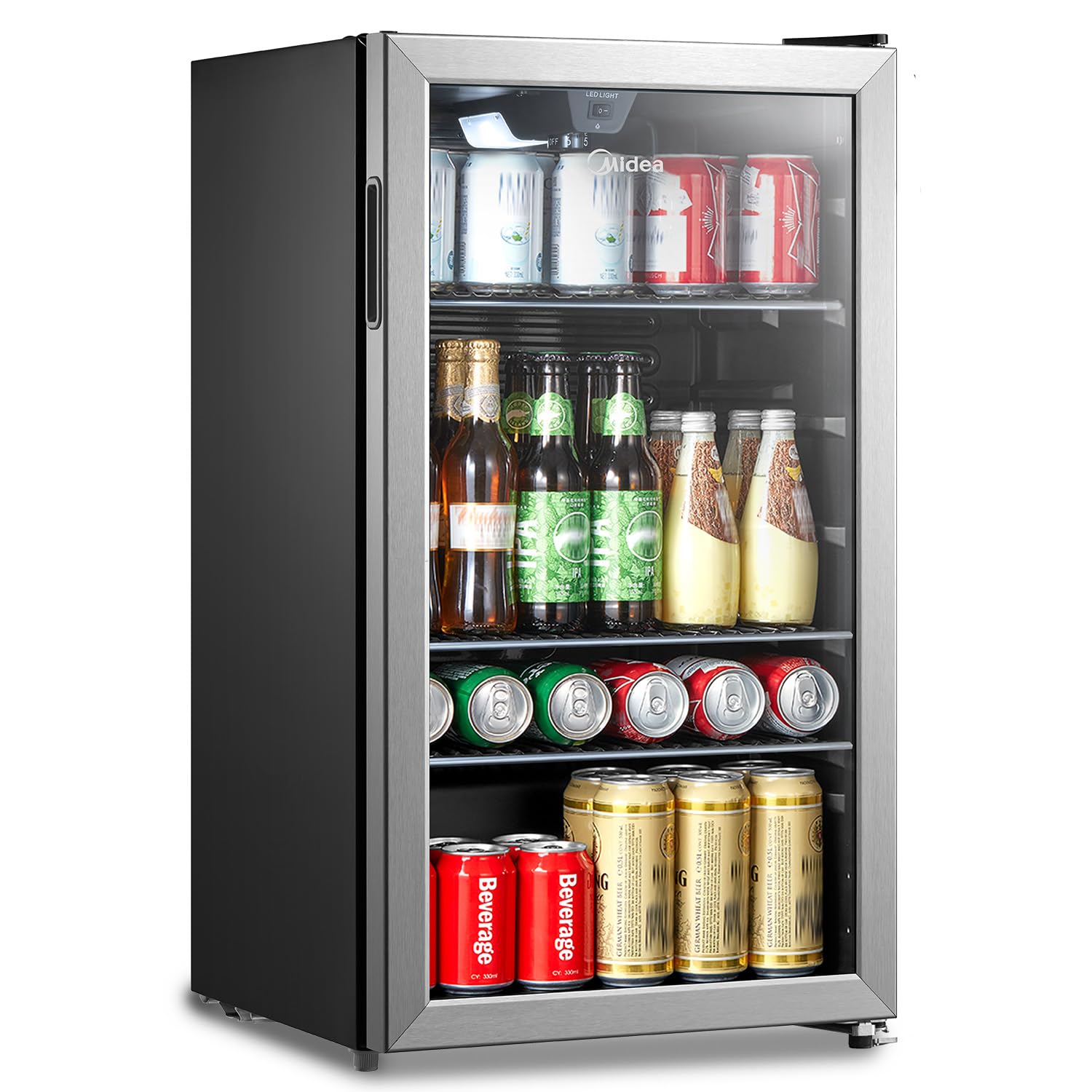 Midea MERV115T3AST 115 Cans Beverage Refrigerator with Adjustable Temperature, Removable Glass Shelf, LED Light, Silver